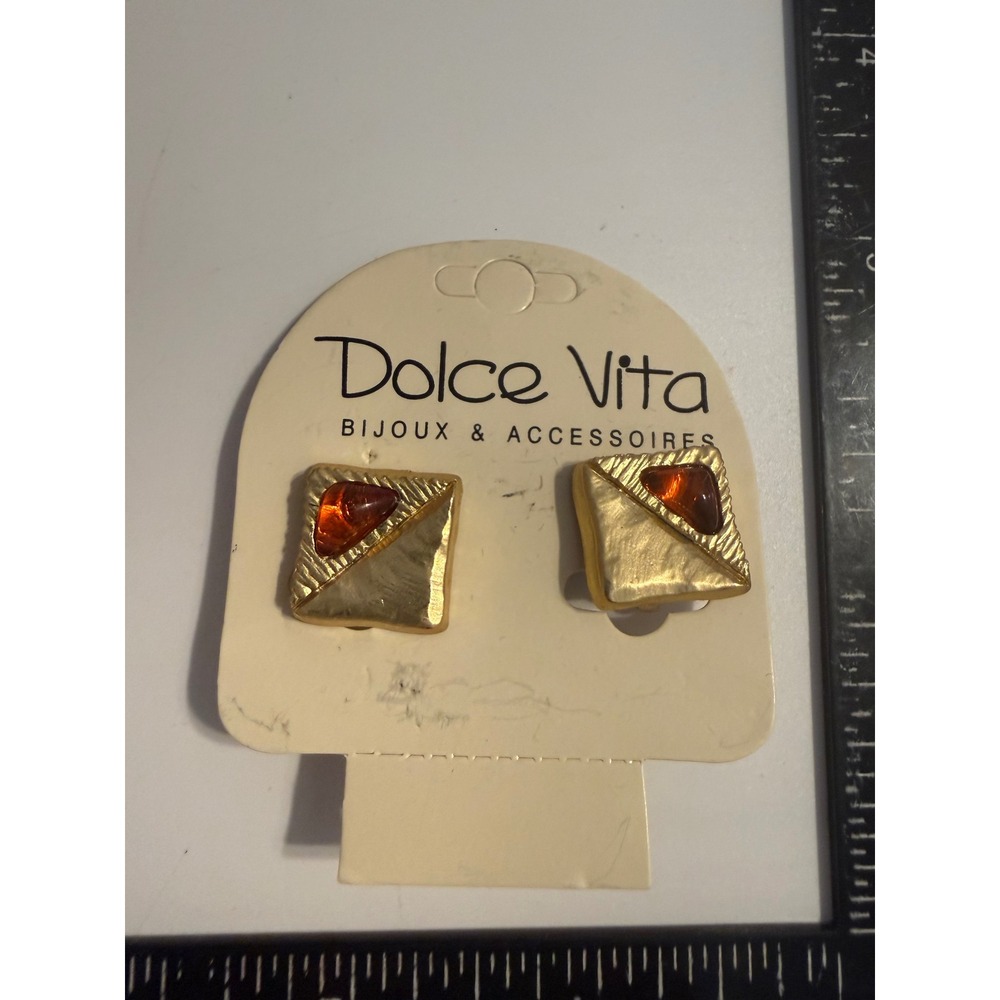 Dolce Vita Gold Tone Square Clip On Earrings Amber Stone Geometric Statement